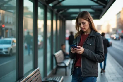 Femme regardant son smartphone à un arrêt de bus en ville