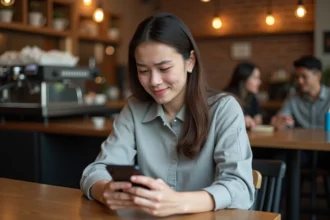 Femme frustrée dans un café consultant son smartphone Android connecté au wifi sans accès internet
