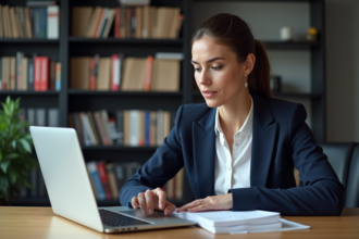 Femme professionnelle analysant une stratégie SEO sur son ordinateur