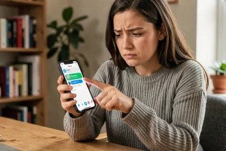 Femme frustrée essayant de supprimer un sondage sur Messenger depuis son smartphone