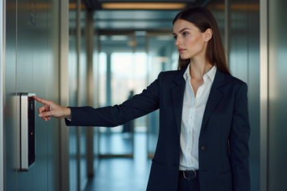 Jeune femme en costume utilisant un scanner biométrique
