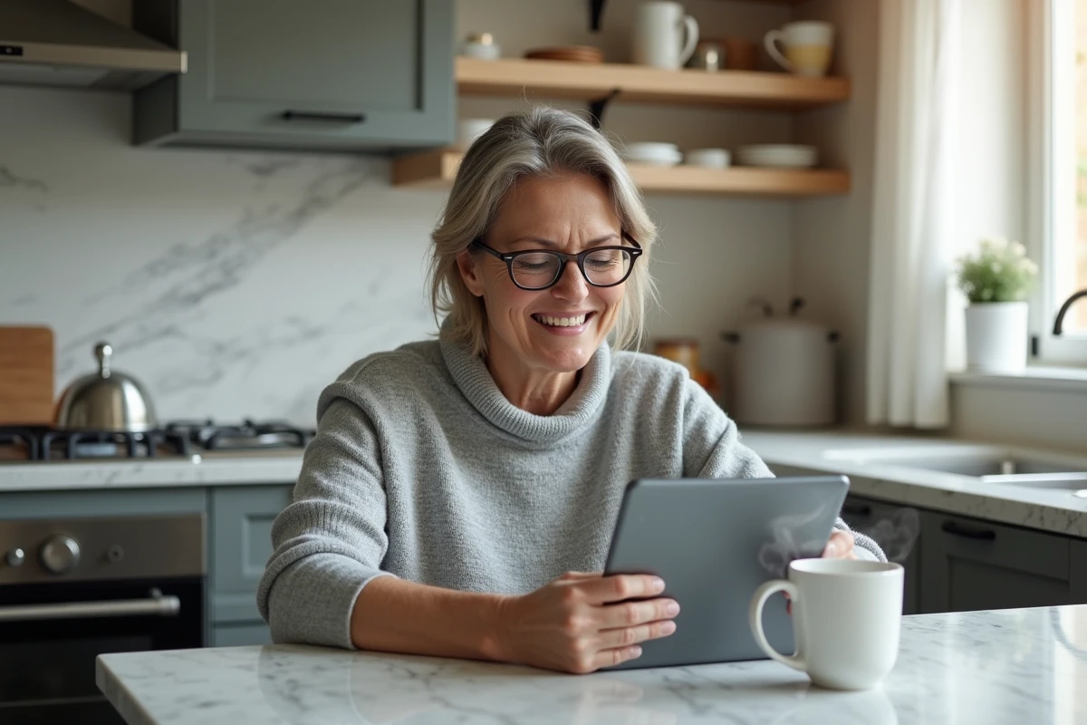 Femme souriante utilisant une tablette dans la cuisine