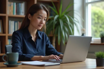 Femme en télétravail accédant à son webmail HCL sur un ordinateur portable dans un bureau à domicile sécurisé
