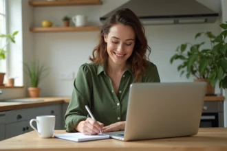 Femme concentrée travaillant à la cuisine avec ordinateur portable