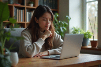 Jeune femme concentrée travaillant sur son ordinateur à domicile
