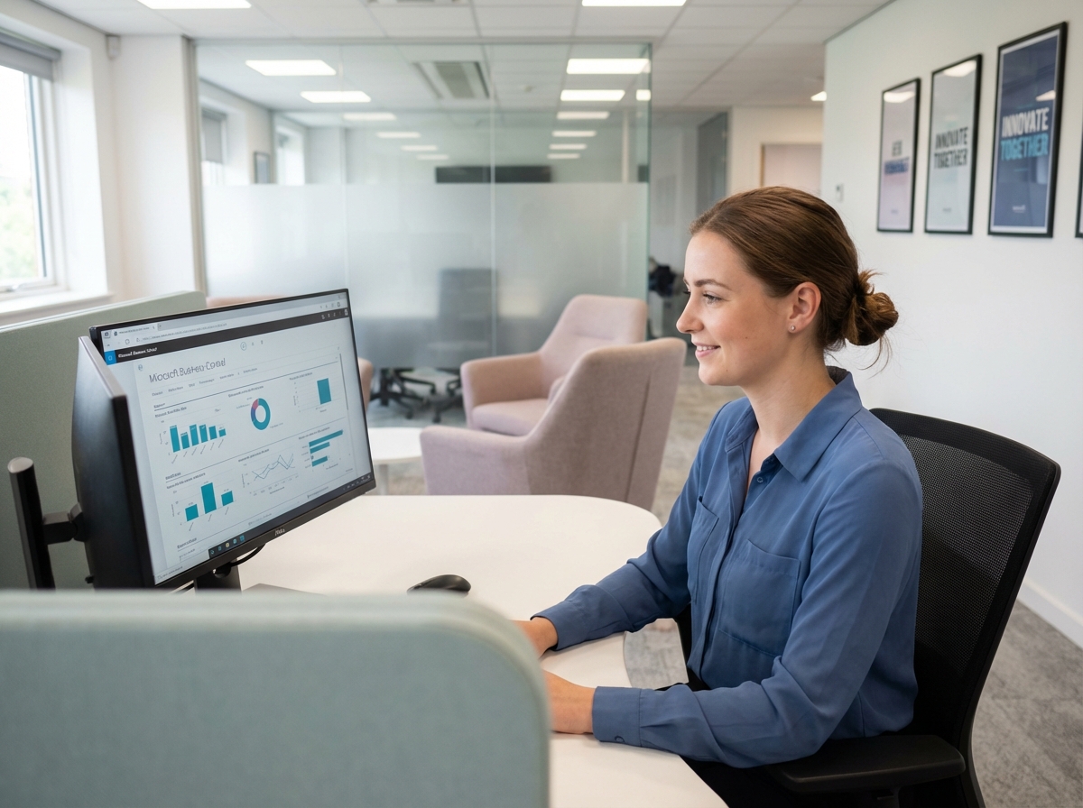 Jeune femme travaillant sur un ordinateur avec tableau de bord
