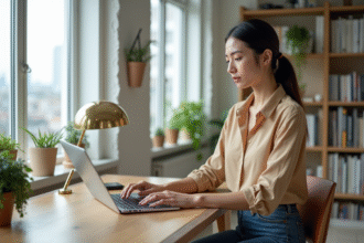 Jeune femme concentrée travaillant sur son ordinateur dans un bureau lumineux