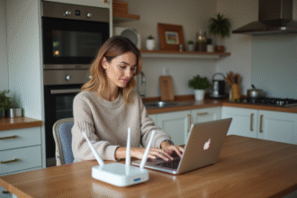 Femme assise à la maison utilisant un ordinateur portable près d'un routeur WiFi