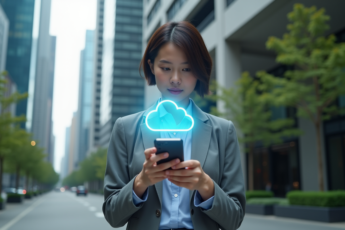 Femme urbaine regardant un symbole cloud numérique