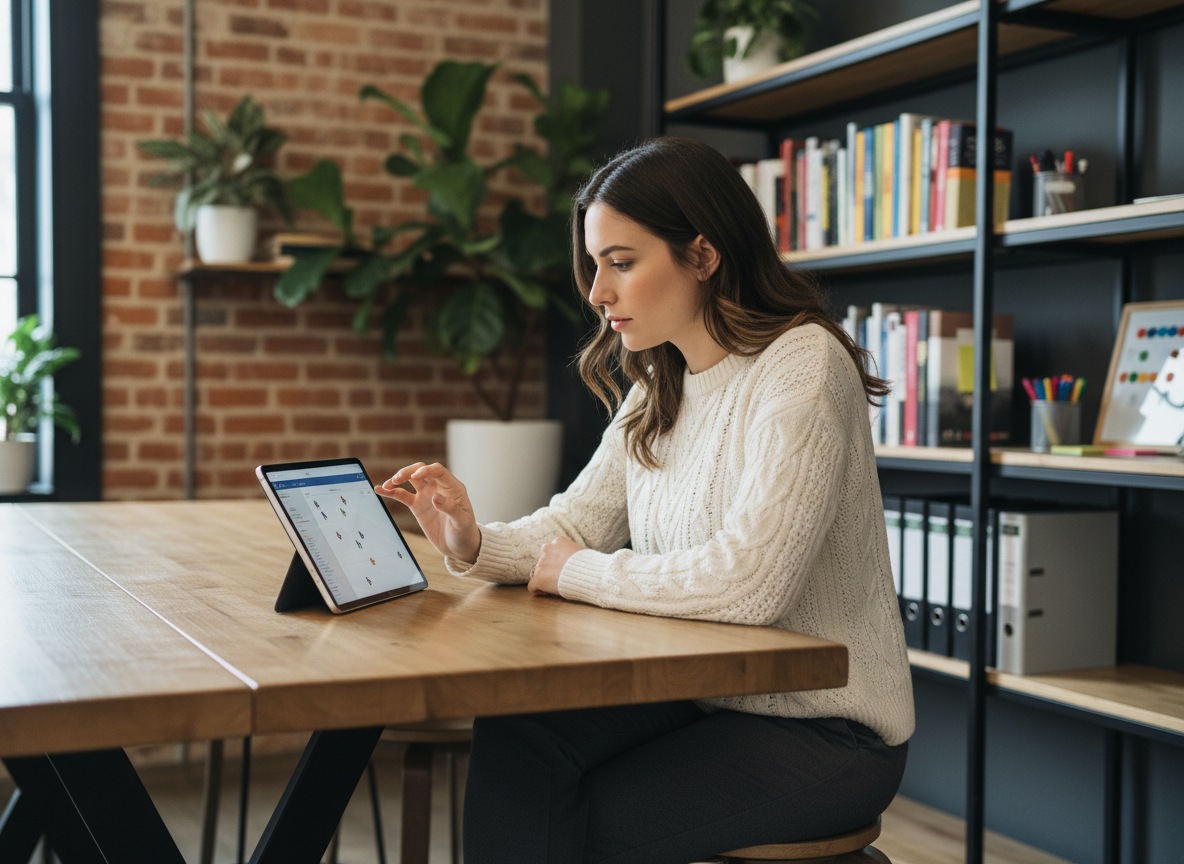 Jeune femme utilisant une tablette dans un espace de coworking