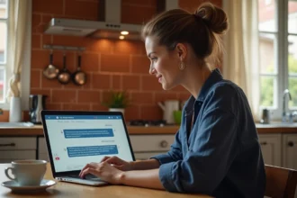 Femme française utilisant une interface IA en français sur son ordinateur portable dans une cuisine moderne