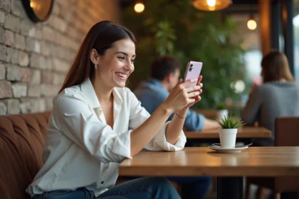 Femme souriante en café enregistre une vidéo avec son smartphone