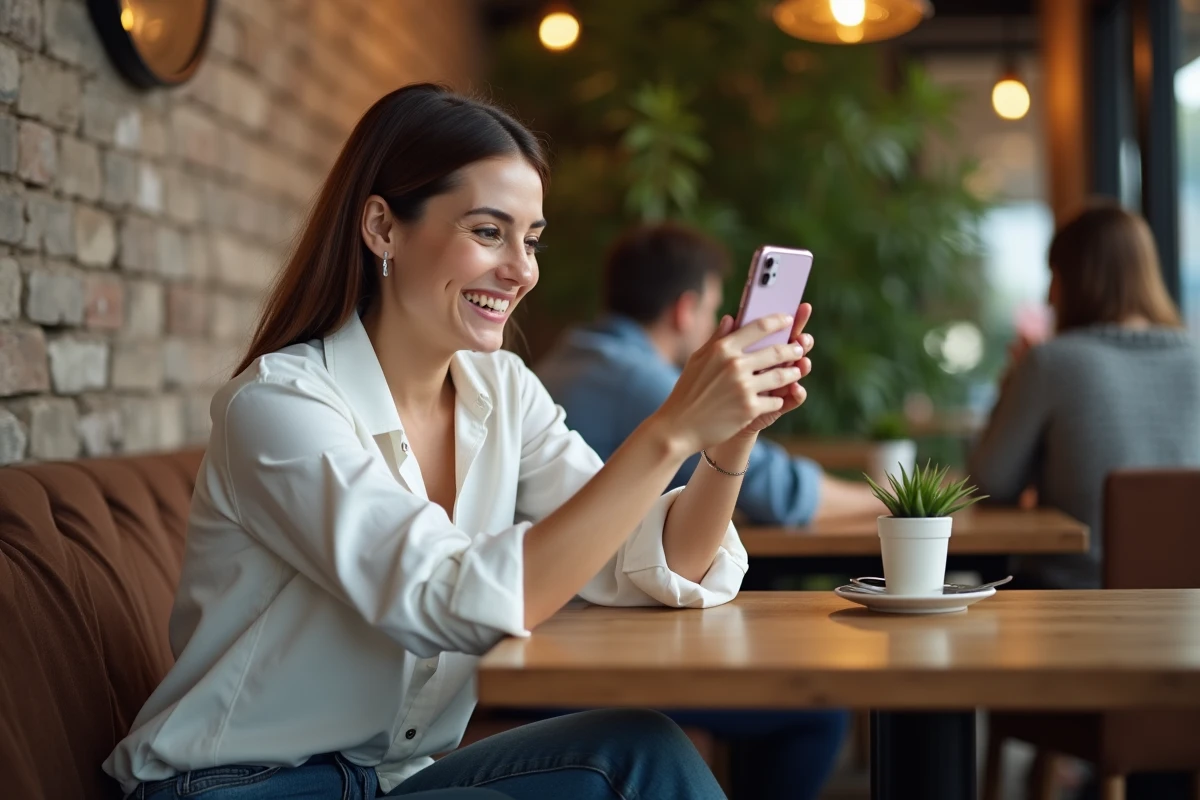 Femme souriante en café enregistre une vidéo avec son smartphone