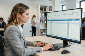 Femme utilisant la fonction volets d'Excel pour figer des cellules sur un grand écran de bureau