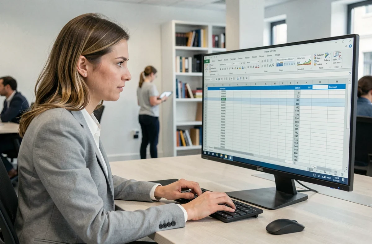 Femme utilisant la fonction volets d'Excel pour figer des cellules sur un grand écran de bureau