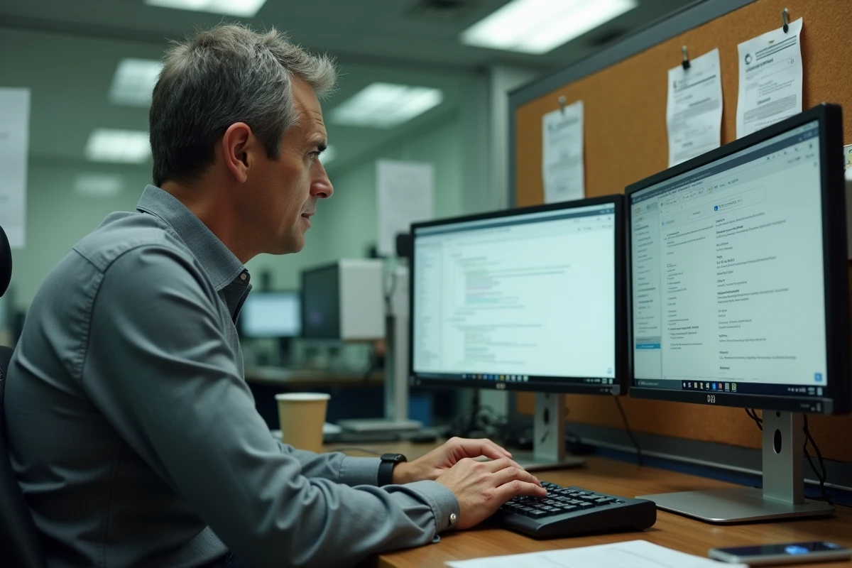Fonctionnaire des douanes configurant des réponses automatiques dans le logiciel Mercure sur un double écran en bureau administratif