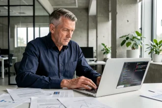 Fondateur d'une startup d'intelligence artificielle concentré sur ses recherches dans un bureau technologique moderne