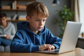 Garçon de 10 ans en hoodie bleu utilisant un ordinateur portable