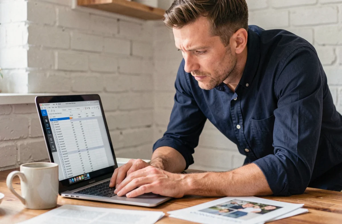 Homme travaillant sur Excel depuis son domicile en utilisant la fonction de gel des volets sur un ordinateur portable