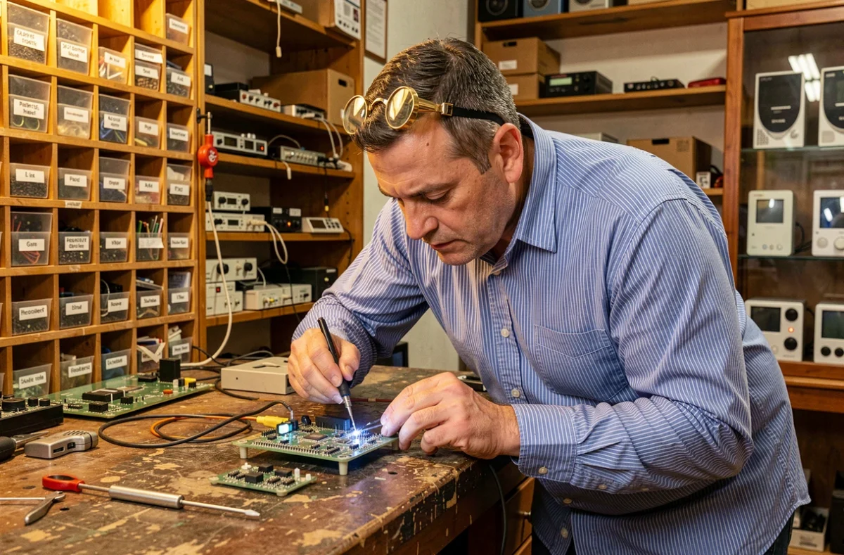 Technicien de Generation Micro effectuant une réparation électronique sur un ordinateur dans son atelier à Aix-en-Provence