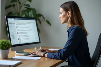 Femme professionnelle gérant plusieurs comptes email sur un webmail IONOS depuis son bureau minimaliste