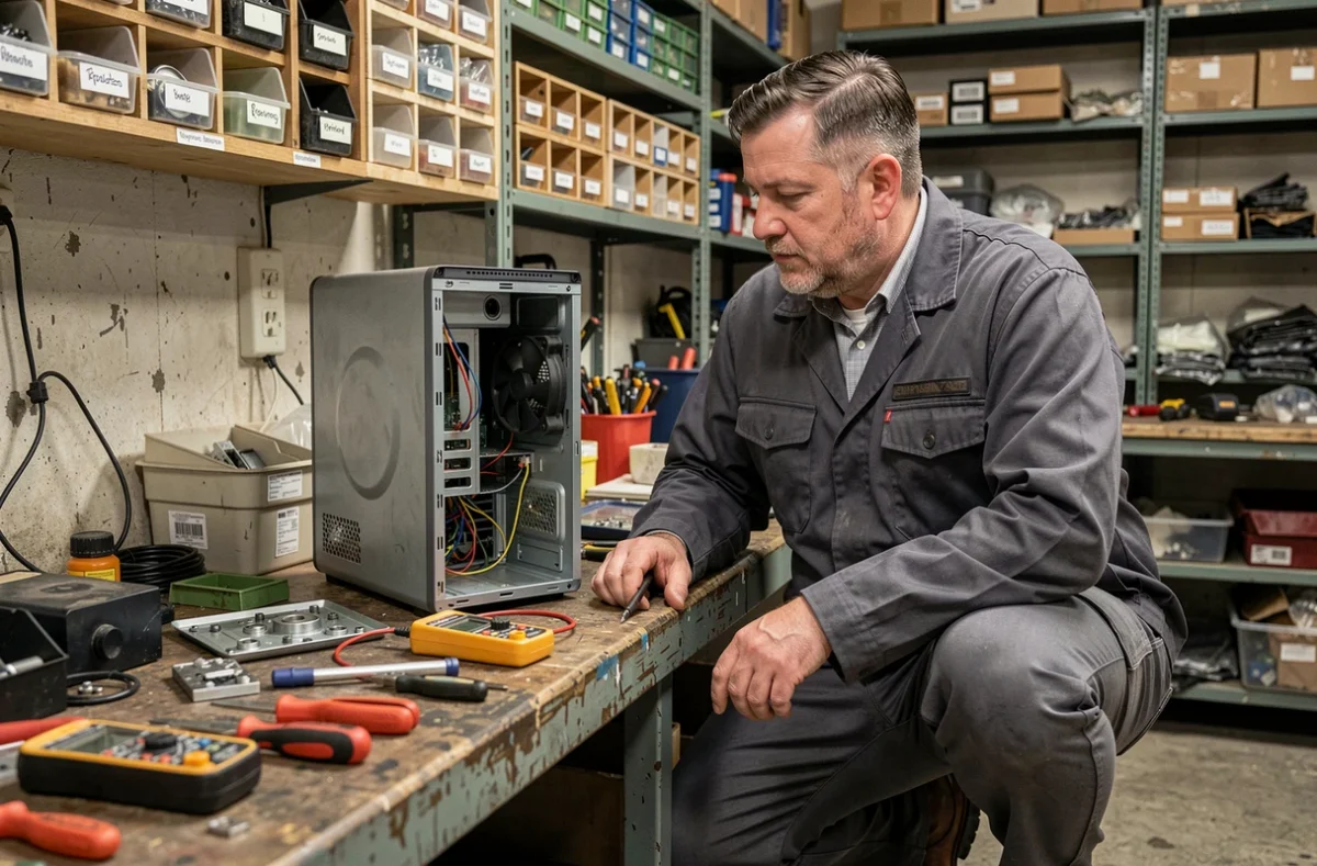 Technicien réparant un ordinateur de bureau dans un atelier informatique multi-services