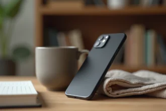 Google Pixel 8 Pro posé sur un bureau en bois avec une tasse de café et un carnet dans un espace de travail moderne
