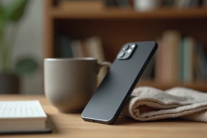 Google Pixel 8 Pro posé sur un bureau en bois avec une tasse de café et un carnet dans un espace de travail moderne