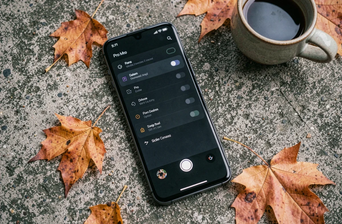 Google Pixel 8 Pro posé sur du béton affichant les réglages de l'appareil photo en mode professionnel, vue de dessus en flat lay