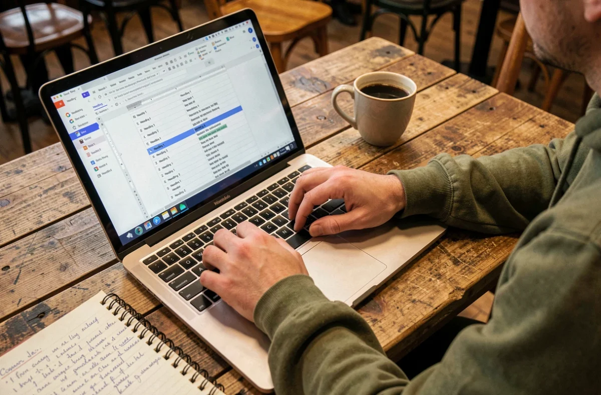 Gros plan sur un écran de Google Docs affichant une table des matières structurée dans un café
