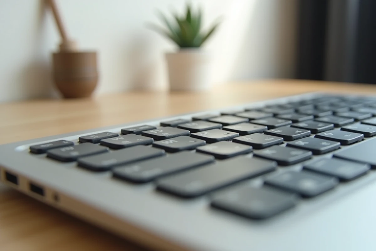 Gros plan macro des touches Shift gauche et droite d'un clavier de laptop posé sur une table en bois clair dans un espace de travail minimaliste