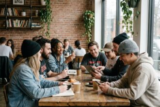 Groupe de jeunes adultes dans un café moderne et convivial