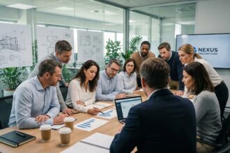Groupe de professionnels en réunion dans un bureau moderne