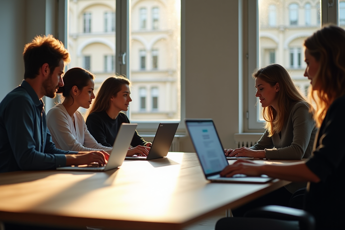 Groupe de professionnels collaborant dans un bureau lumineux à Lyon