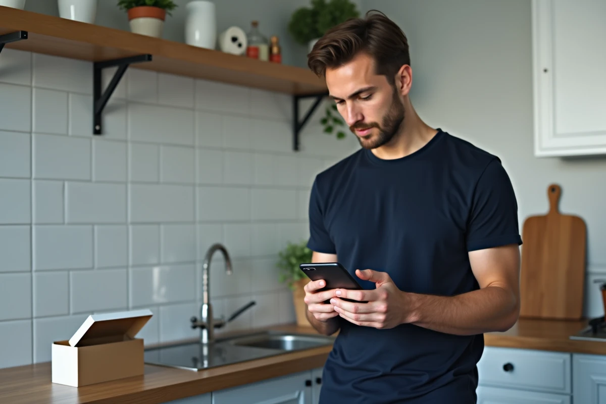Homme lisant le guide de démarrage rapide d'un nouveau smartphone Android dans une cuisine moderne