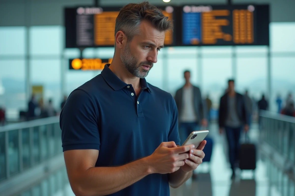 Homme perplexe à l'aéroport avec un téléphone Android connecté au wifi public sans accès internet