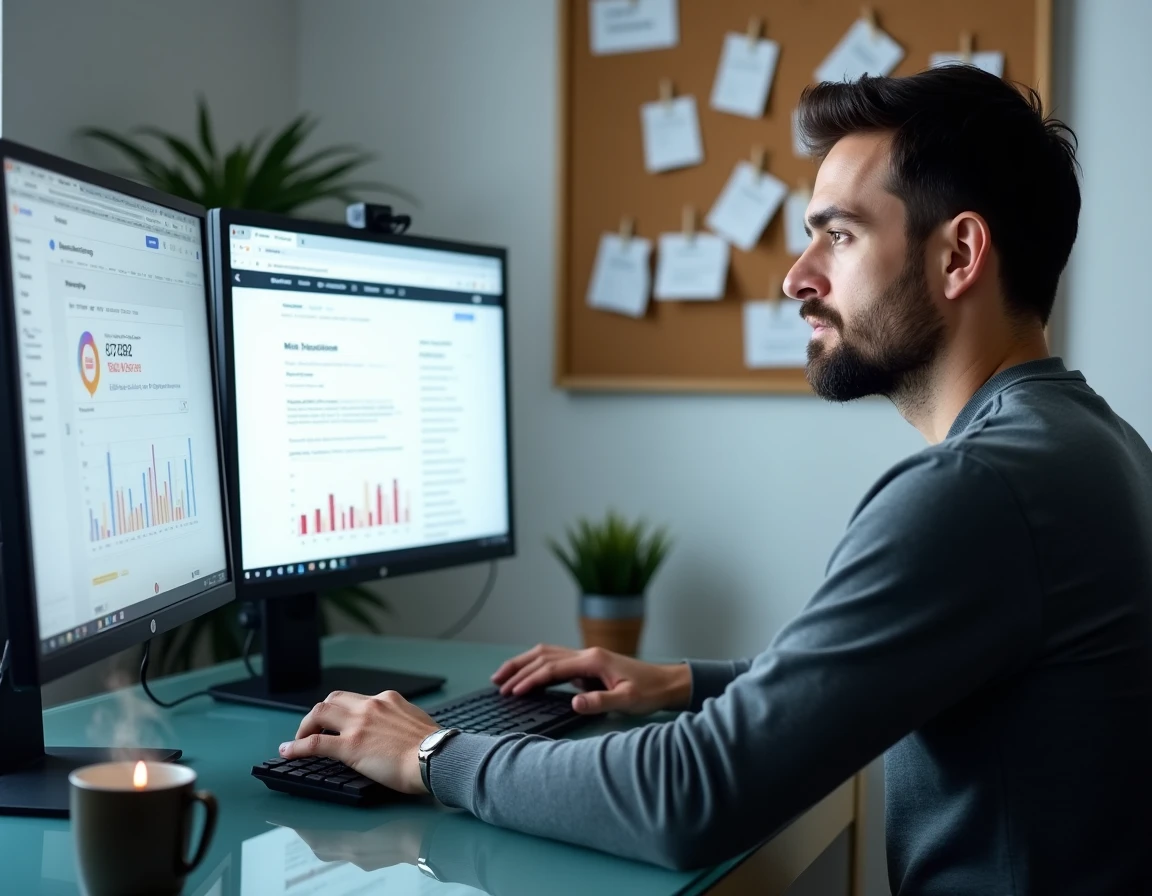 Homme analysant les performances SEO Google d'un site Wiz sur double écran à domicile