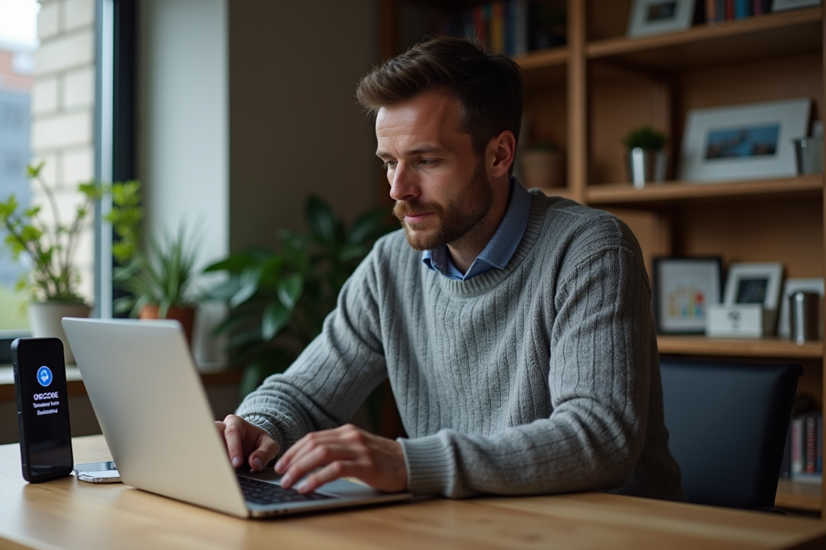 Homme au bureau avec smartphone affichant un code de sécurité