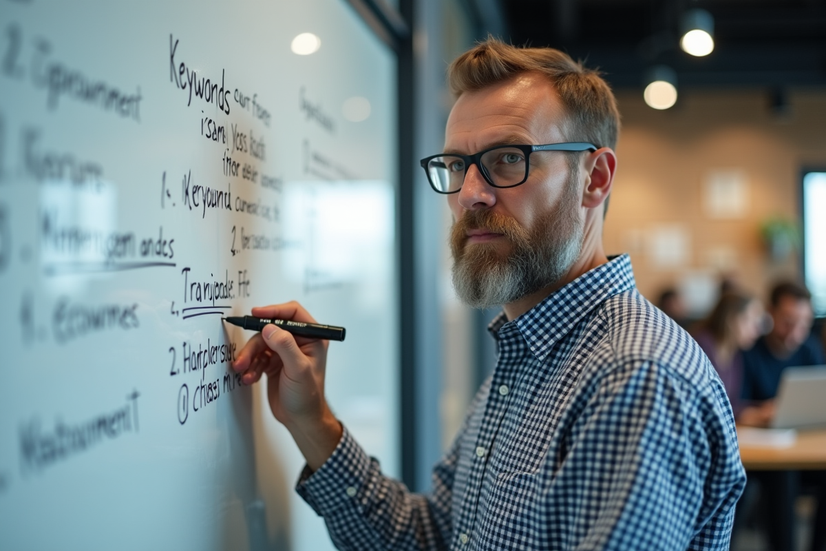 Homme avec tableau blanc en brainstorming sur le SEO