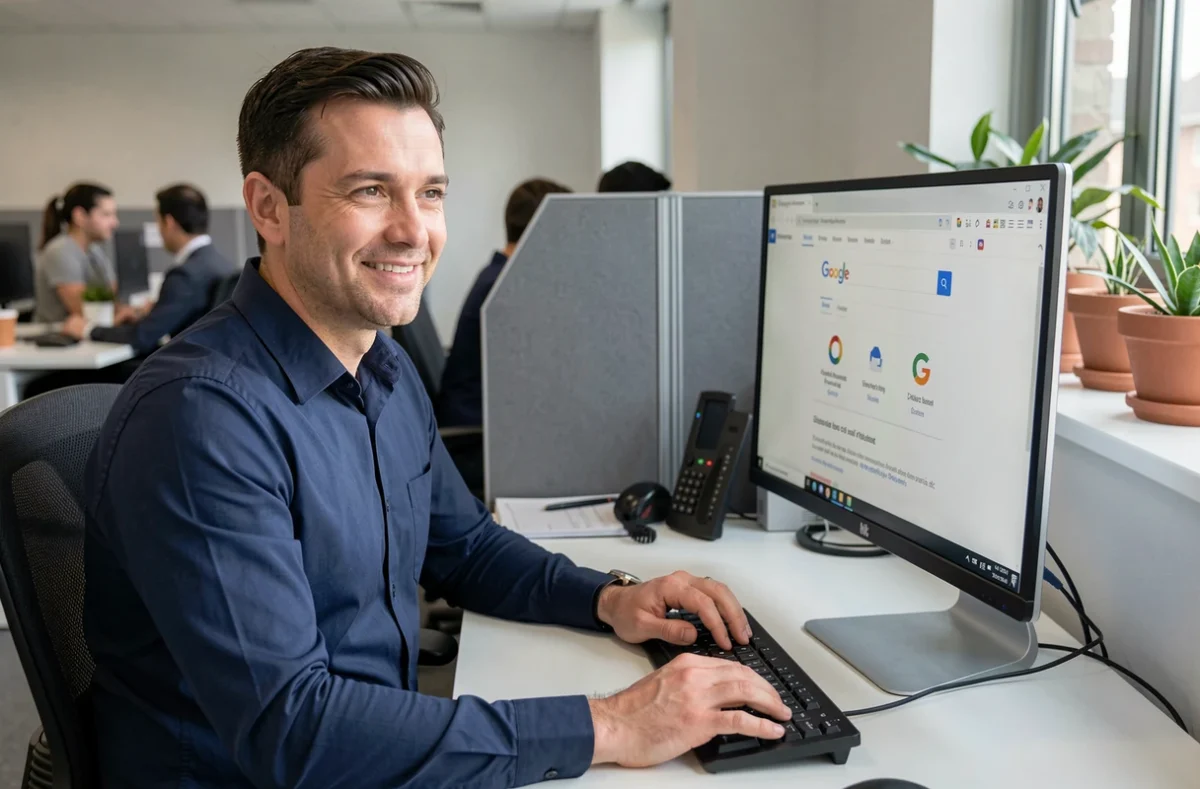 Homme souriant dans un bureau open space devant un écran d'ordinateur affichant l'animation Do a Barrel Roll sur Google