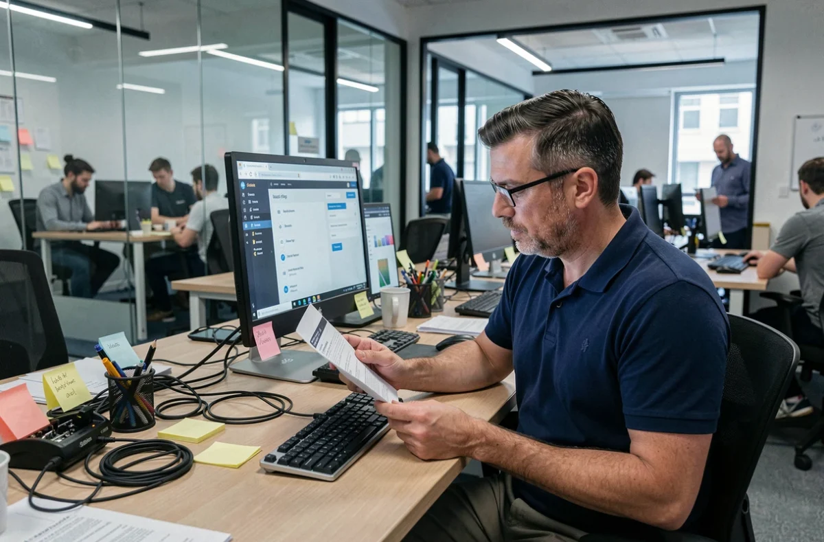 Homme en bureau professionnel consultant un guide de configuration de plateforme web étape par étape