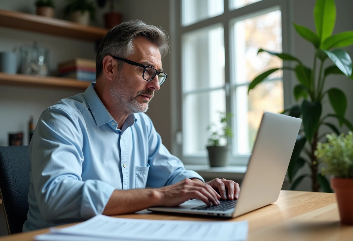 Homme concentré travaillant sur son ordinateur dans un bureau lumineux