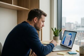 Homme travaillant sur un ordinateur portable affichant Windows 11 dans un bureau à domicile moderne et minimaliste