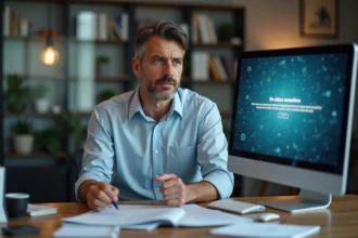 Homme d'affaires anxieux vérifiant un ordinateur en erreur