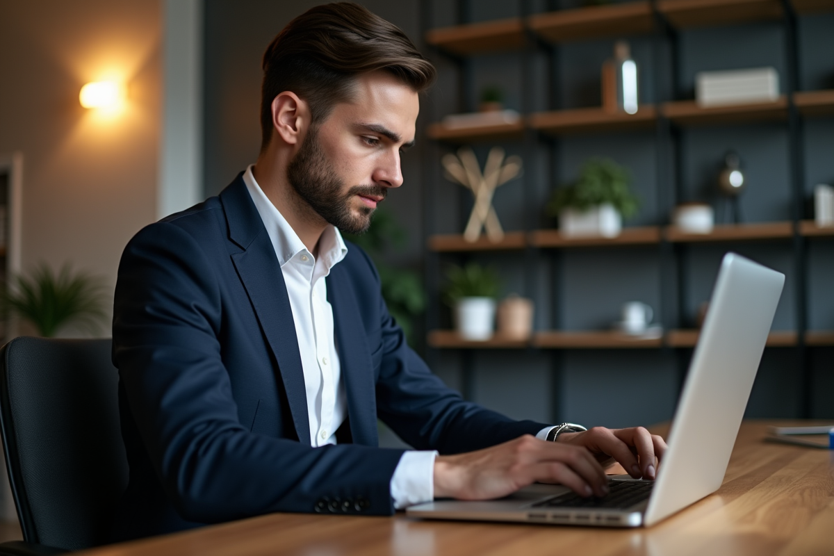 Jeune homme professionnel travaillant sur son ordinateur dans un bureau moderne