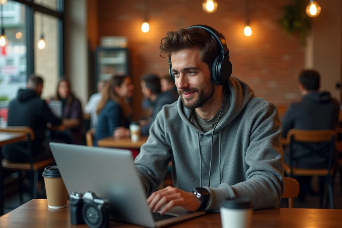 Jeune homme au café regardant sa video sur son ordinateur portable