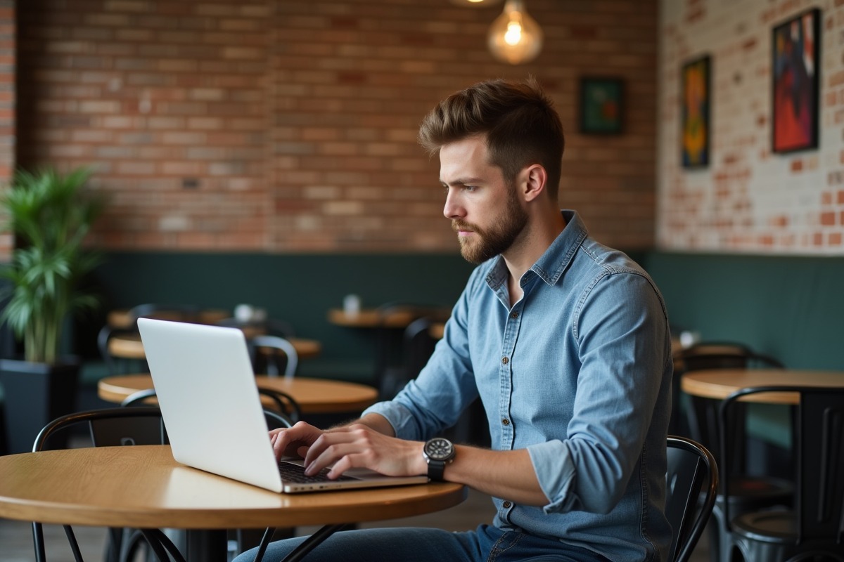 Jeune homme analysant un rapport de campagne en café