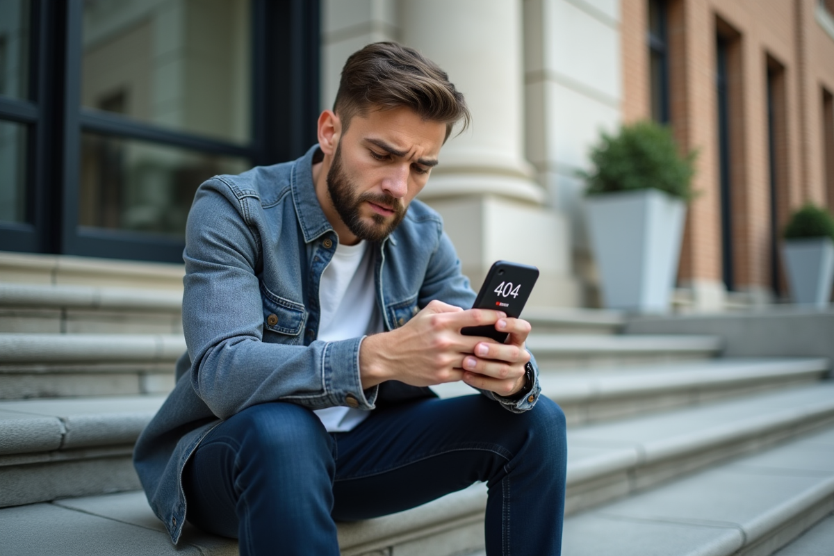 Homme assis sur des marches avec un téléphone et erreur 404