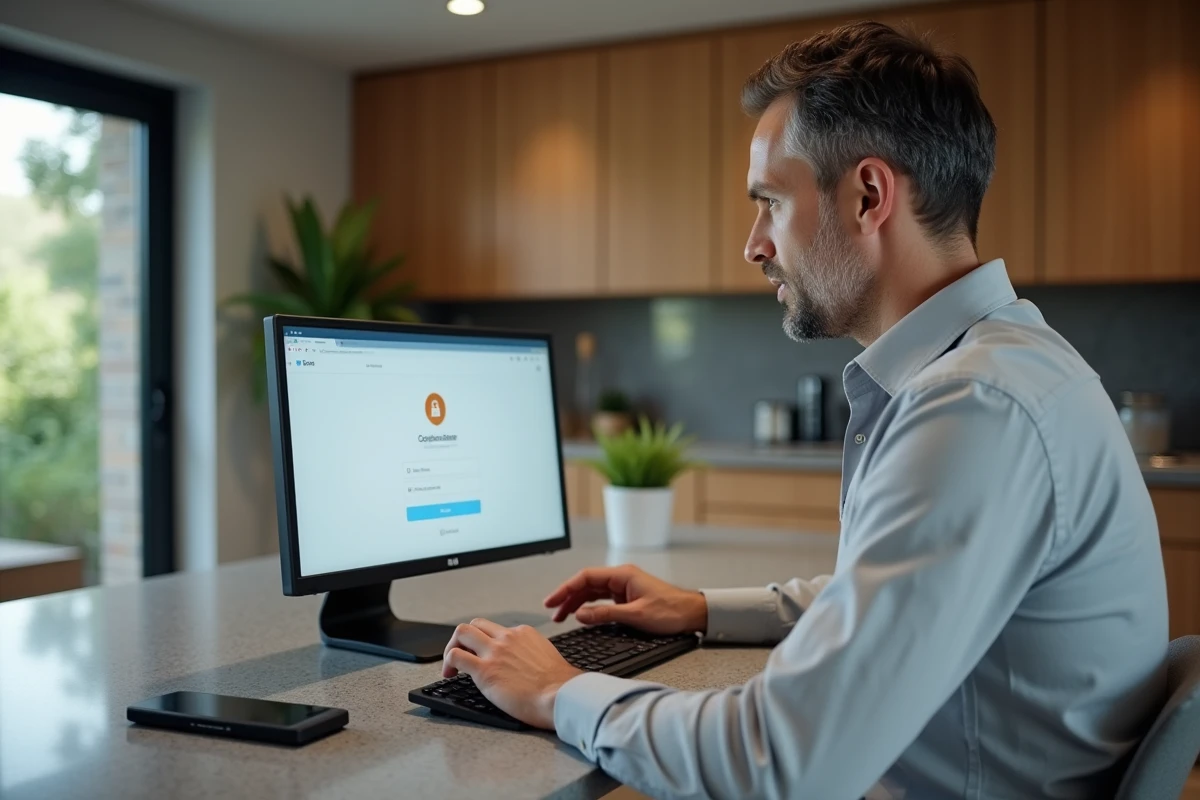 Homme en télétravail se connectant de manière sécurisée à Webmail HCL depuis sa cuisine avec un VPN actif