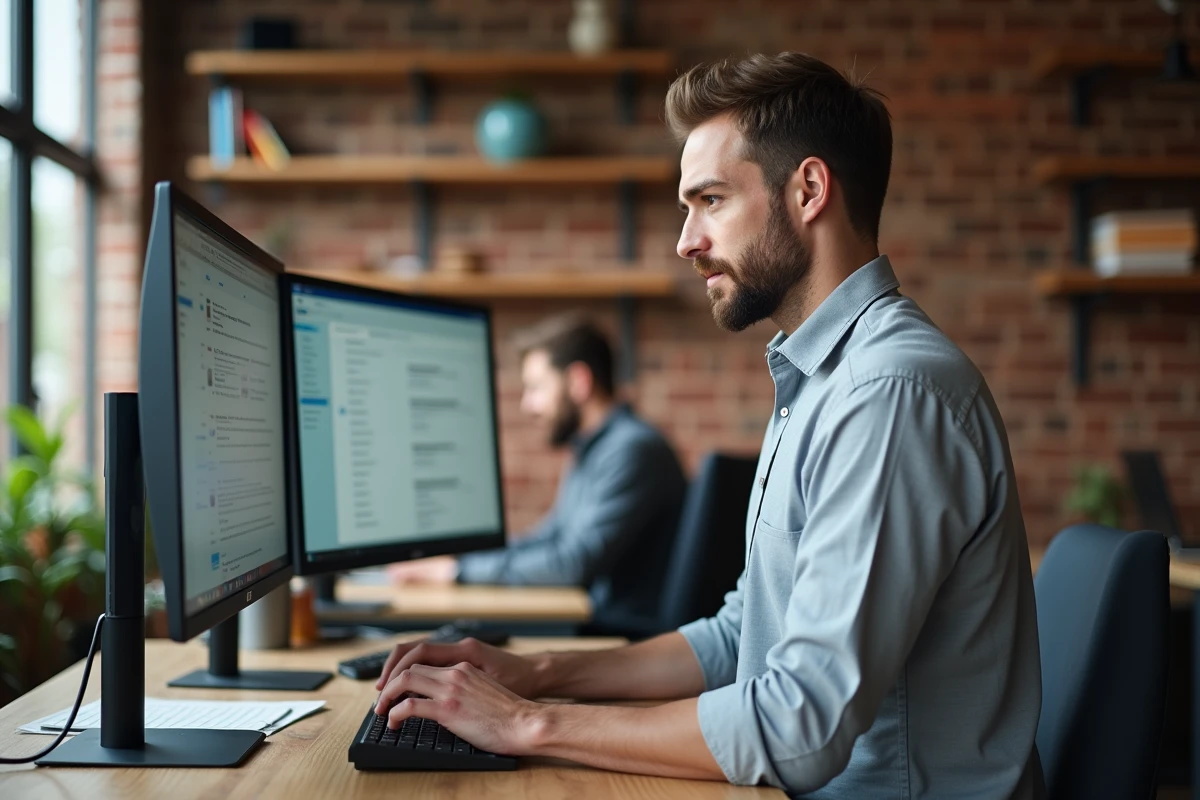 Homme en espace de coworking gérant sa messagerie professionnelle sur double écran